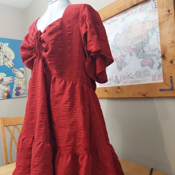 Bloomchic Ruched Drawstring Pocket Ruffles Tiered Deep Red Dress Plus Size 22-24 - Picture 4 of 13